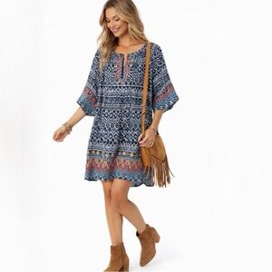 Uncle Frank Navy Geometric Southwestern Embroidered  Boho Dress Size Small💛